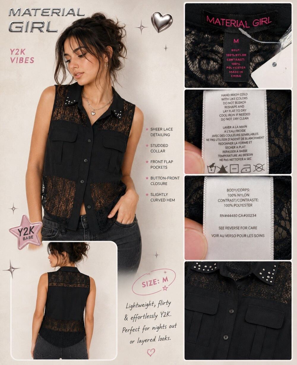 NWT Y2K Material Girl Sleeveless Studded Collar Lace Top Size M Black Grunge 00s